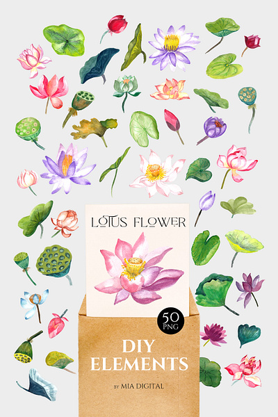 Lotus Flower - Water Lily Clipart - 50 Watercolor Lotus Elements asian flower drawing flower arrangement hand painting floral invitation flower lotus element lotus flower clipart lotus green leaf water lily clipart watercolor flower watercolor lily watercolor lotus wedding invitation
