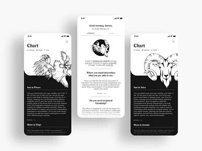 Horoscope App astrology blackandwhite chart clean ui figma figmadesign horoscope illustration minimal mobile ui ui ui design uiux zodiac