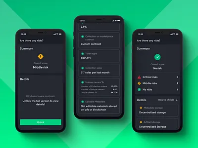 CheckNFT.iO — Risk Evaluation [by PixelPlex] alert app blockchain clean dark mode dashboard datatable minimal mobile nft purchasing report risk evaluation risk score saas ui ux wallet warning
