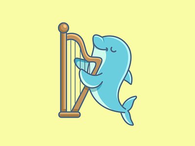 Dolphin Playing Harp adorable cartoon character cute dolphin fish happy harp harpist illustration illustrative kawaii mascot melody music perform playing relaxing smiling song