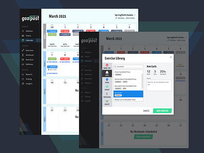 Training calendar and exercise library for coaches athlete athlete calendar athletics calendar coach coaching exercise fitness product design product design sprint prototype sports team training training calendar ui ux web design workout workout calendar workouts