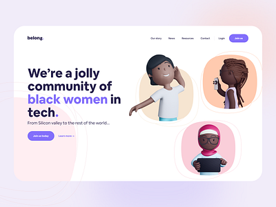 Belong - Hero Header 3d 3d art 3d ilustration colorful community hero hero section illustration landing page minimalist purple tech ui women in tech