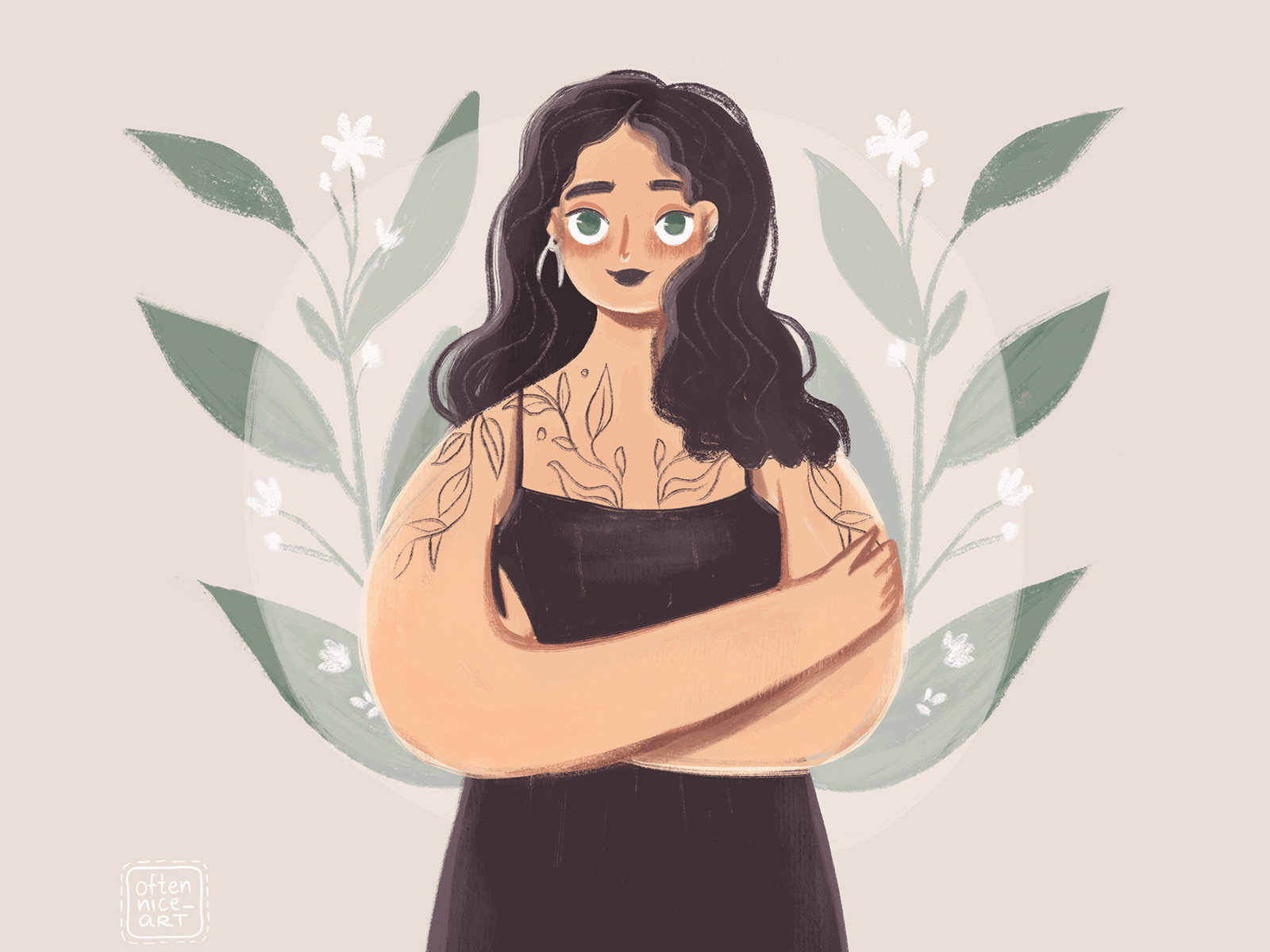 Smiling Girl with a Tattoo Animation 2d animation branding character character design design digital art flowers girl illustration piercing purple self love smiling tattoo ui woman