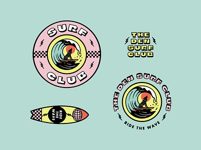 The Den Surf Club 80s badge branding custom type retro surf wave wolf