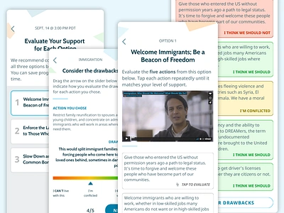 Interactive mobile experience to examine important civic issues civic discussion deliberative democracy evaluation tool every voice engaged feedback mobile app design mobile design moderator political issues political views product design survey ui ux