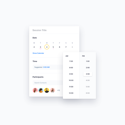 Book Session Component appointment booking calendar clean date reservation session time users white