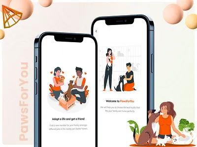 PawsForYou - Pet Adoption App Onboarding Screens adoption app application cats design dogs illustration ios mobile onboarding pet pets ui ux