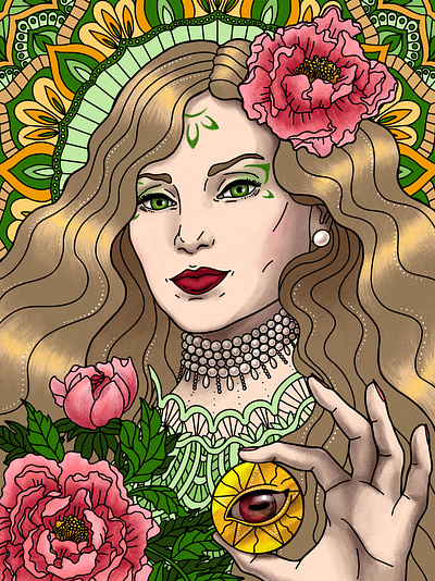 Queen of coins character design digital art digital illustration digitalart drawing flowers girl girl illustration illustration procreateapp tarot tarot card