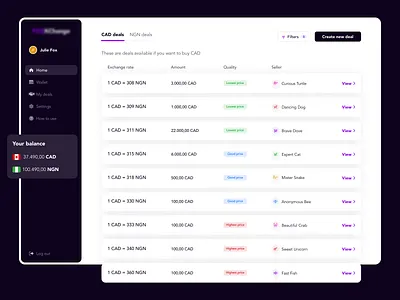Exchange App app balance clean currency dashboard design desktop exchange list menu money product designer sidebar tab table ui user ux