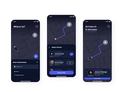 Pick Ride Share App app app design automotive branding dark app dark mode dark theme dark ui design ios minimal ride sharing rideshare ridesharing taxi app taxi booking app taxi driver typography ui ux