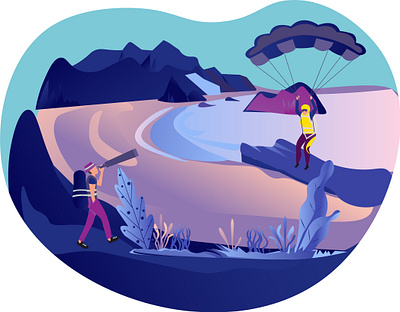 Adventure in a beach beach design illustration illustrator mountains parachute teenagers telescope