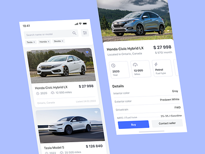 Car Buy - Mobile App app application auto buy car date design details discover light ui market mobile price profile page purchase rent search sell tesla ui