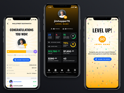 Stock game - profile details congratulations level up mobile app profile design profile details stock game stock market ui