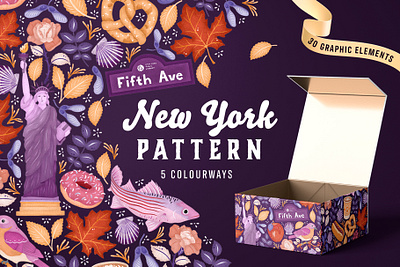 New York Pattern | 5 Colorways adobe fresco botanical colorful creative market digital assets floral flowers illustration hand drawn illustration packaging pattern statue of liberty surface pattern design texture vector art