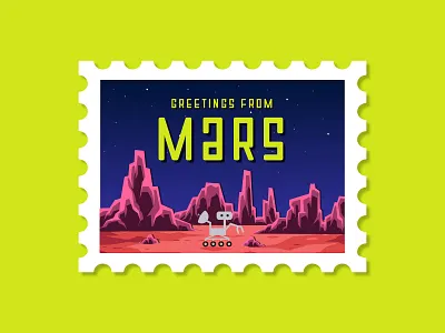 STAMP FROM MARS aliens clean colorful flat fun illustration mail mars nasa neon neon colors perseverance postcard rover simple space stamp