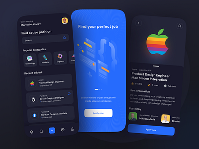 Job Finder Dark Mode clean dark dark app dark theme dark ui feed icons illustraion job job application job finder list logo onboarding pattern typography ui