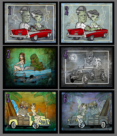 series 1 monsters in cars branding bride creature from the black lagoon design frankenstein illustration logo tiki universalmonsters wolfman