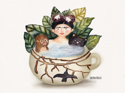 Frida Kahlo Illustration bath cup cute design frida fridakahlo fun hummingbird illustration illustrator jungle leafs monkey photoshop