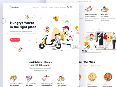 Daharo Landing Page - Food Delivery food food and drink food app food delivery service food illustration illustration landing page line pizza ui ux web design