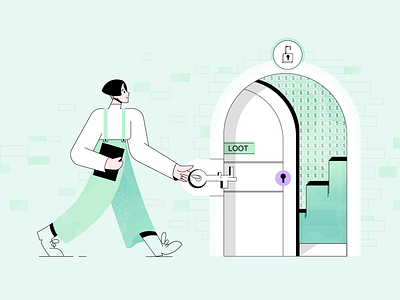 Log in illustration app border character close design door doorway girl gradient illustration isometry key keyhole lineart login open steps ux vector walking