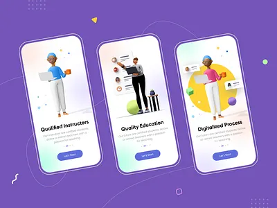 eLearning app -On Boarding Screens 2d 3d art app courses dailyui design digital education elearning free freelance illustration mobile app onboarding student teachers tutor ui ux