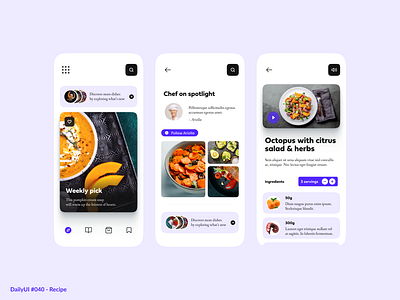 Recipe app application branding daily dailyui design illustration minimal mobile purple recipe simple ui ux