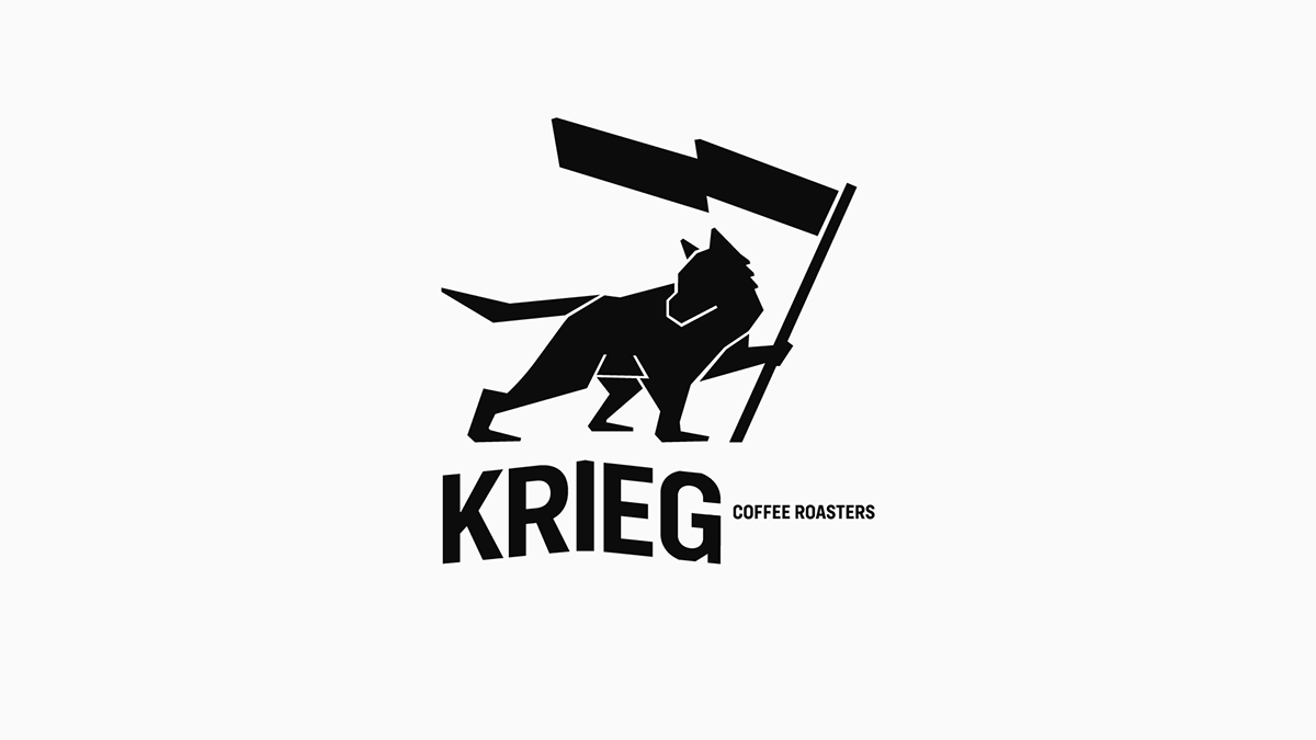 KRIEG COFFEE ROASTERS abstract black white bold brand identity branding coffee coffee shop flag graphic design logo logo design mascot masculine minimalism minimalist monochrome strong vintage visual identity wolf