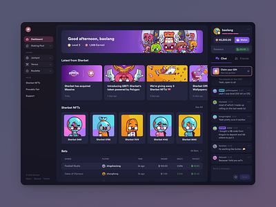 Sherbet - Crypto Gambling app candy casino chat clean crypto dark mode dashboard friends fun games jackpot nft playful roulette ui ux versus