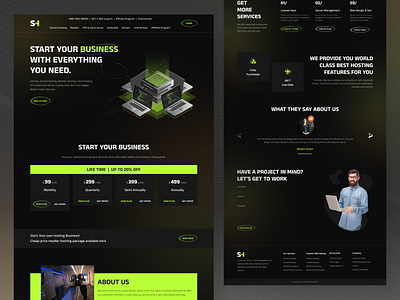 Server Hosting Landing Page bright color cloud hosting dark theme design graphic design hosting landing page server services ui ui design uiux ux vector web web hosting website