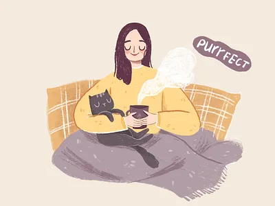 A Perfect Nook. cat character character design cozy cup design digital art flat girl girl character home illustration purple tea winter woman yellow
