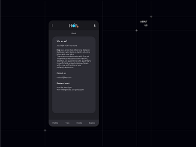 HOP - About app branding dark icon logo space spacex ui ux vector