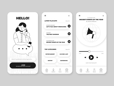 Colorless podcast app design adobe illustrator character design design flat flat design flat illustration illustration people podcast ui vector