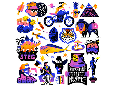 Mushroom Toast Sticker Pack baboon character characterdesign dog drawing fat cat fish graphic illustration motorbike mushroom pineapple pipe retro stickers texture tiger