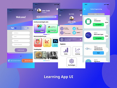 E-Learning App UI Design analysis app badges blue branding courses design facebook google learning learning app learning platform purple quiz stats ui videos