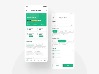 👷🏽Contract Analytics App #03 card check box clean creative design detail ui detailed screen filter design filter screen green info page minimal option page search sort tags type ui ux