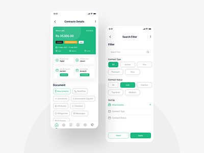 👷🏽Contract Analytics App #03 card check box clean creative design detail ui detailed screen filter design filter screen green info page minimal option page search sort tags type ui ux