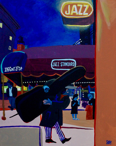 BASS ON THE STREET awning bass dusk illustration jazz jazz standard murray hill music musician neon neon sign new york nightfall nyc pinstripes street