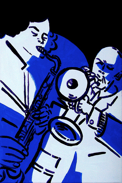 CURTIS AND SHELLEY brass duotone horns illustration jazz music sax saxophone saxophonist trumpet trumpeter two