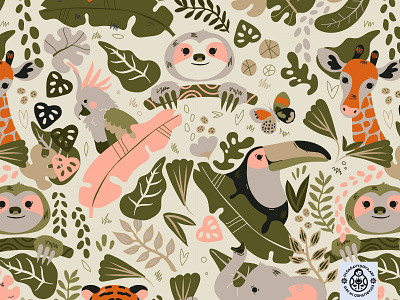 Jungle Fun Pattern Alt Colours animals character elephant giraffe illustration jungle nature pattern seamless sloth tiger toucan