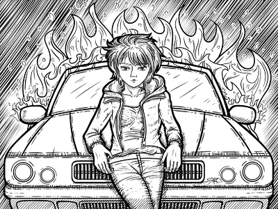 Leaning on a Burning Car art burn burning car cross decorative drawing fire hatching hood illustration lean line lineart ornate sedan stylize stylized woman woman illustration