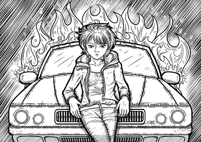 Leaning on a Burning Car art burn burning car cross decorative drawing fire hatching hood illustration lean line lineart ornate sedan stylize stylized woman woman illustration