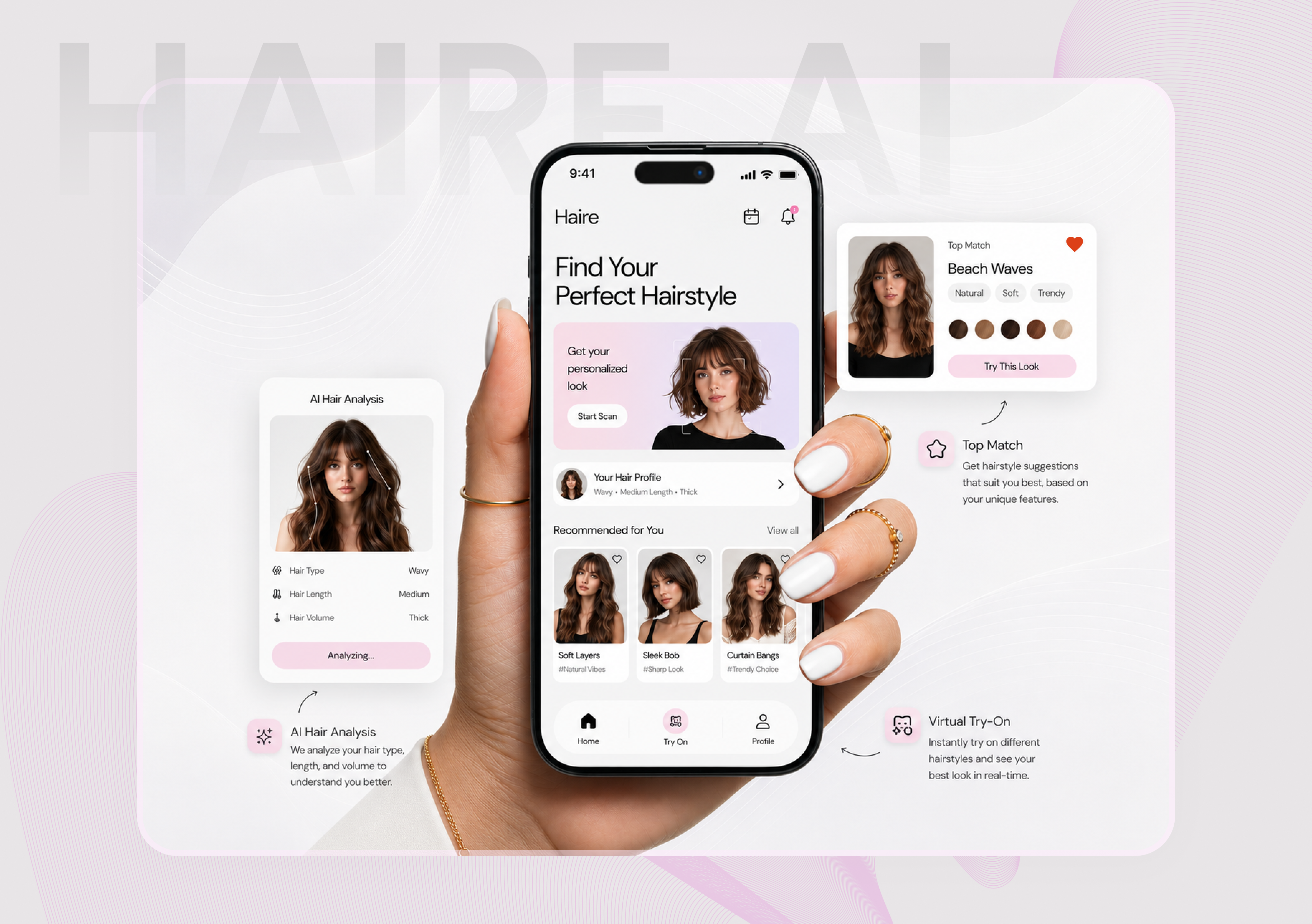 AI Hairstyle App UI | Virtual Hair Try-On ai ai hair analyser ai salon ar computer vision designoweb technologies fashiontech hairanalysis hairstyle trending ui ui ux virtual try on