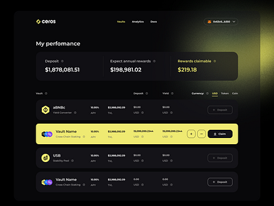 Ceros. Yield Converter. black blockchain crypto dark dashboard design finance fintech ux web3 yield