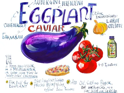 Illustrated Recipe: Eggplant Caviar caviar cooking culinary editorial education eggplant illustrated olive oil onion purple recipe spread tomatoes