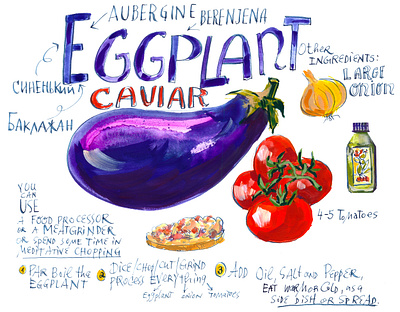 Illustrated Recipe: Eggplant Caviar caviar cooking culinary editorial education eggplant illustrated olive oil onion purple recipe spread tomatoes