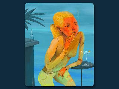 I'm On Vacation beach cocktail drawing drinks food holidays illustration ocean palm trees party pepperoni pizza resort sea tropical vacation woman eating