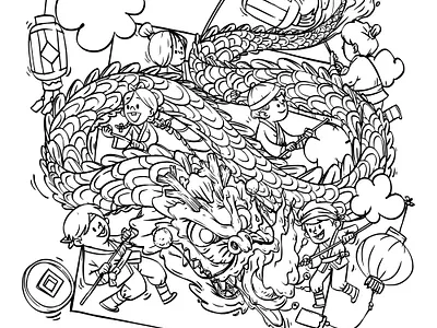 Kids playing dragon dance for Chinese new year celebration coloring book hand drawn illustration lineart vector illustration
