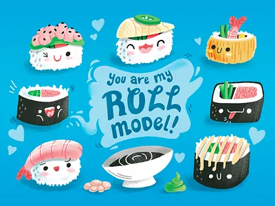 Drum Roll Please cartoon ginger illustration postcard sushi texture