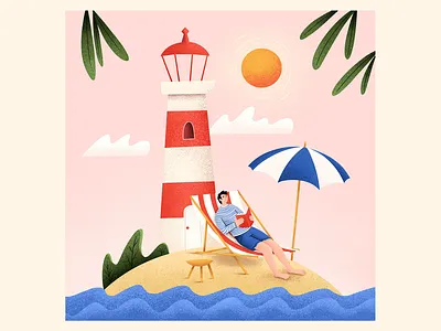 Wishful thinking alone beach calm human illustration illustration art island lighthouse postcard reading relaxation seaside summer sunny warm