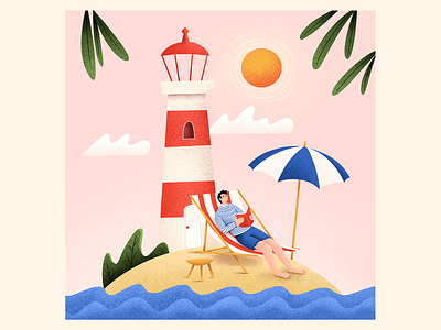 Wishful thinking alone beach calm human illustration illustration art island lighthouse postcard reading relaxation seaside summer sunny warm